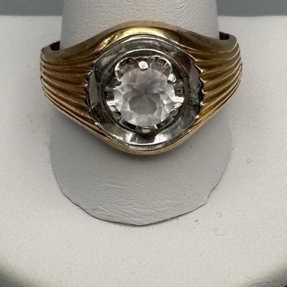 Vintage Mens 10k Gold Filled Ring Clear Stone 12.75 MCM Bold Statement 7.95g